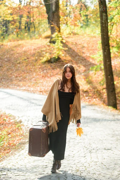 Stylowa podróżniczka, jesienna kobieta. Pełna długość zmysłowej kobiety noszącej sweter, chodzącej z torbą podróżną po jesiennym upadku natury. Koncepcja spadających liści i ludzi podróżujących. — Zdjęcie stockowe