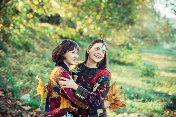 秋の公園には二人の美しい女の子が抱きついている。黄色の葉を持つ2人の女の子。秋の葉を持つ2人の美しい笑顔の若い女性の肖像と屋外の背景で楽しい時間を過ごす. — ストック写真