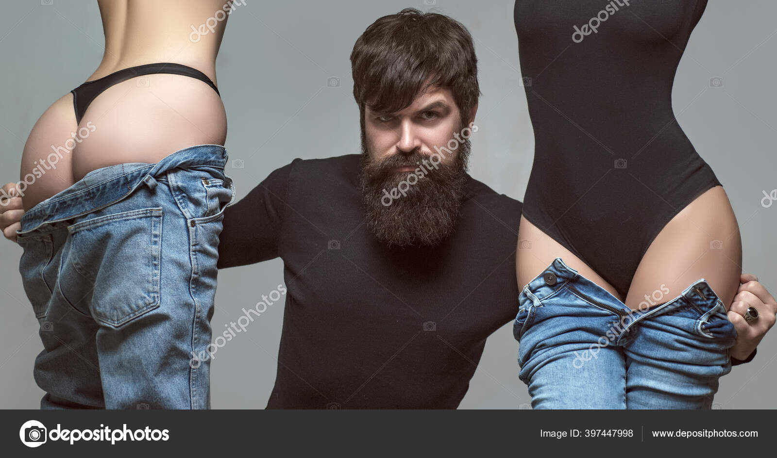 Bearded man and two sexy women. Polygamy or bigamy. Swinger, orgy or trio having sex. Bisexual lady. Prostitution or fantasy image