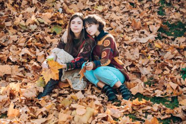 Parkta eğlenen iki kız. Sonbahar yapraklarında oturup arka planda iyi vakit geçiren iki güzel, mutlu genç kadının portresi. Sonbahar parkında iki güzel kız arkadaş.