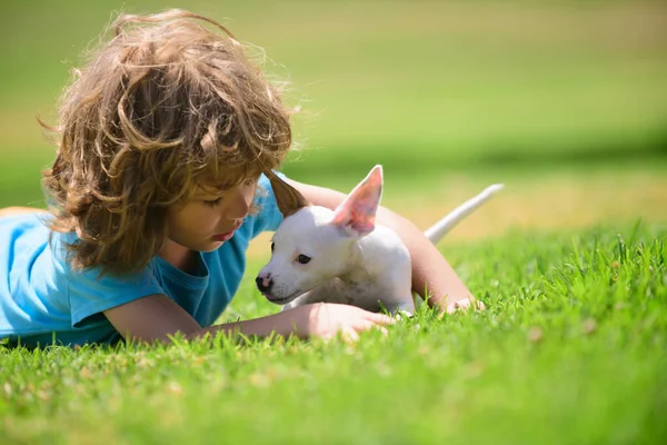 Cute boy child with her doggy lying on lawn. Kids with her pet friend. — Stock Photo, Image