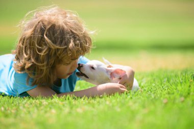 Şirin bir çocuk ve köpeği çimlerde yatıyor. Yavru köpeği olan bir çocuk. İnsanların duyguları..