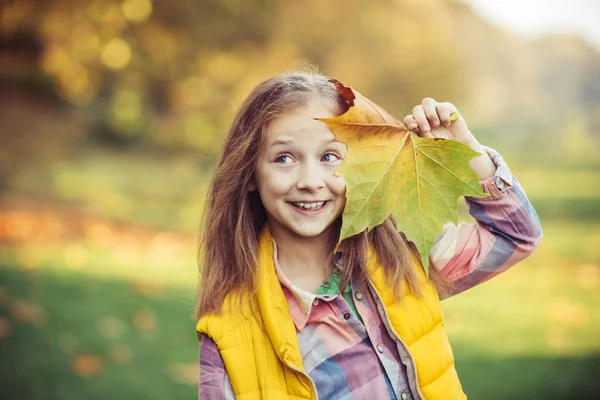 Autunno ritratto all'aperto di bella bambina felice passeggiando nel parco o nella foresta. Adorabile ragazza felice che gioca con foglie cadute nel parco autunnale. Giocare nel parco autunnale. — Foto Stock