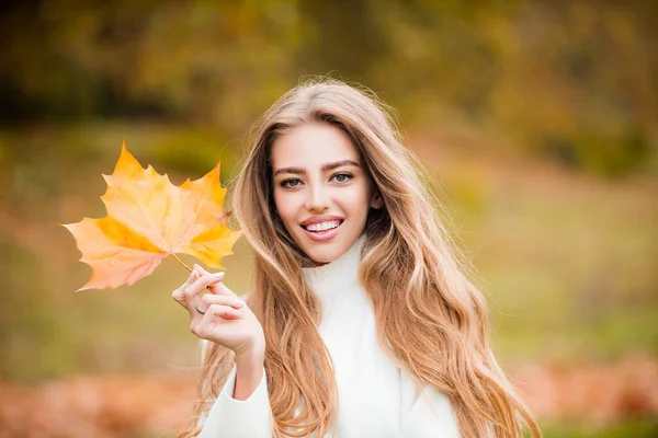 Retrato de sorrir bela mulher de outono ao ar livre . — Fotografia de Stock