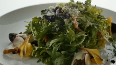 Lezzetli gurme yemekleri. Yemekleri taşıyın. Moleküler yiyecekler, tabakta zarif yemekler..