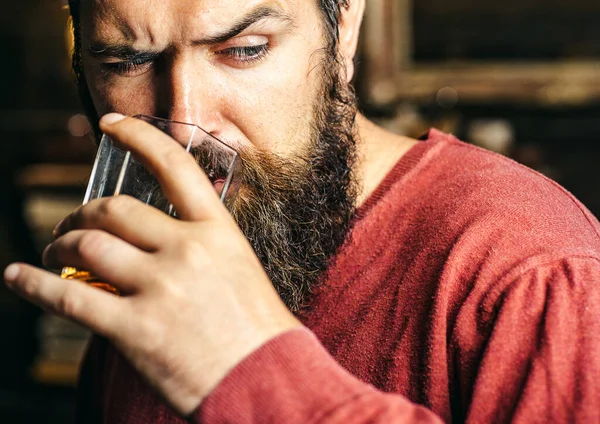 Vážný vousáč ochutnává alkohol. Pití koňaku nebo whisky. — Stock fotografie