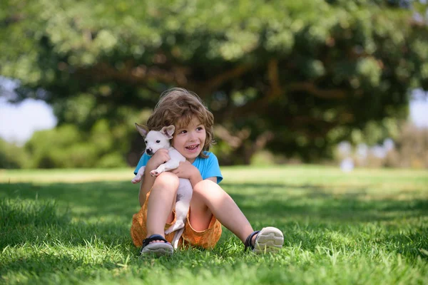 Kleiner Junge sitzt mit süßem Welpen im Gras. Positive Gefühle von Kindern. Emotionen der Menschen. — Stockfoto