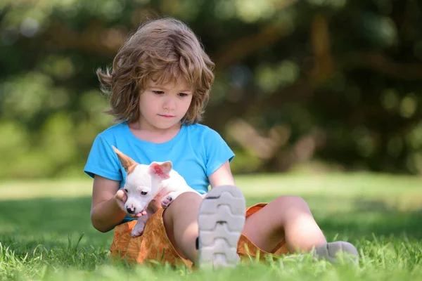 Una niña con su perrito tirado en el césped. Lindo niño disfrutando con su mejor amigo perro. —  Fotos de Stock