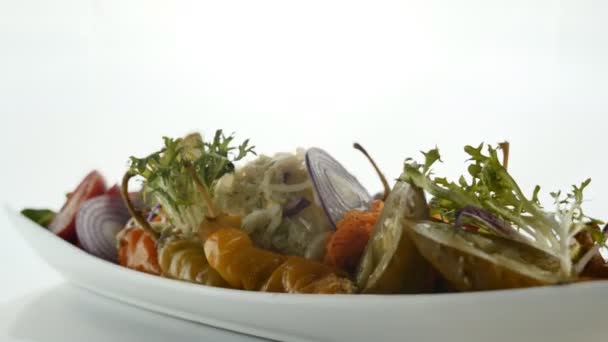 Food elegant white plate. Haute Cuisine Food. Restaurant food, Selective focus. — Stock Video