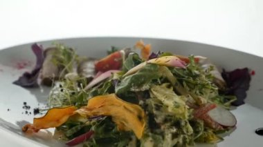 Moleküler yiyecekler, tabakta zarif yemekler. Enfes yemek, yaratıcı restoran yemeği konsepti..