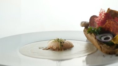 Restoran yemeği. Lezzetli gurme yemekleri. Yemekleri taşıyın. Moleküler yiyecekler, tabakta zarif yemekler..