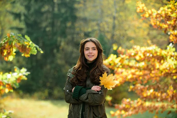 Herfst Modeconcept. Stijlvol meisje in herfststijl poseren op rode esdoorn blad achtergrond buiten. — Stockfoto
