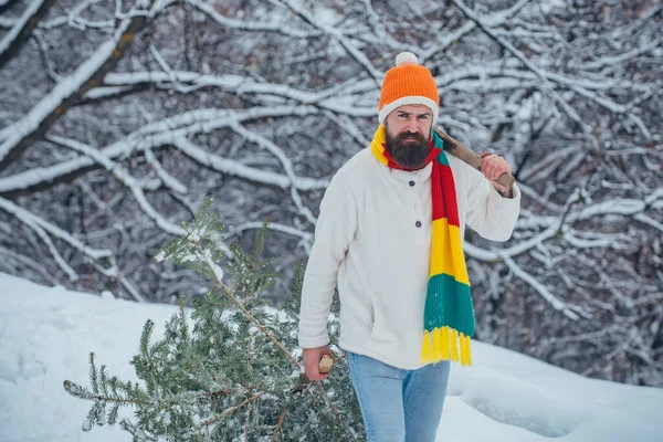 Balta ve Noel ağacıyla poz veren komik Noel Baba. Kış parkında Noel ağacı olan bir keresteci. Mutlu baba ve Noel ağacı karlı bir kış yürüyüşünde. — Stok fotoğraf