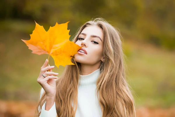 Beleza de outono. Mulher moda wodel com queda folha de bordo ao ar livre. Jovem que gosta de tempo quente. Pessoas em fundo de folhagem amarela . — Fotografia de Stock