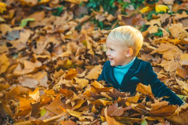 Sonbahar parkındaki sarı yaprakların üzerine düşen yaprakları atan mutlu çocuk. Mutlu çocukluk kavramı.