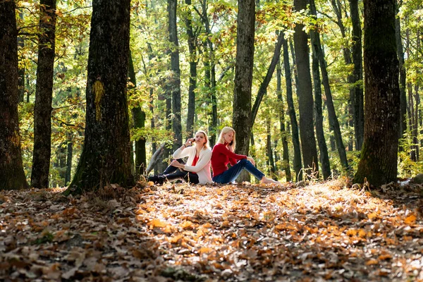 가을에는 가을에 핸드폰으로 통화하는 가을 여성들이 있습니다. 스마트폰으로 대화하는 진지 한 두 여자. — 스톡 사진