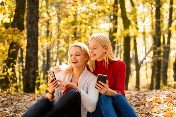 Dos jóvenes excitadas usando teléfonos móviles mientras están sentadas en el parque de otoño al aire libre y señalando con el dedo. —  Fotos de Stock