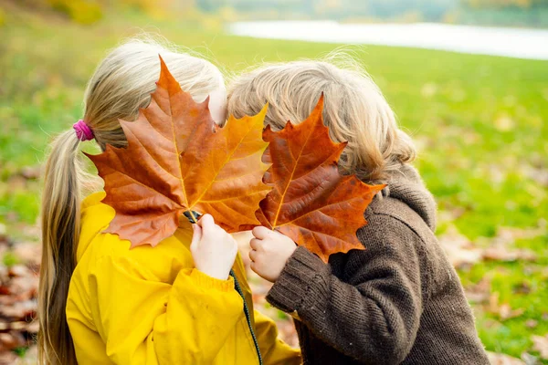Glückliche Kinder mit Herbstblätterküssen im Park. — Stockfoto