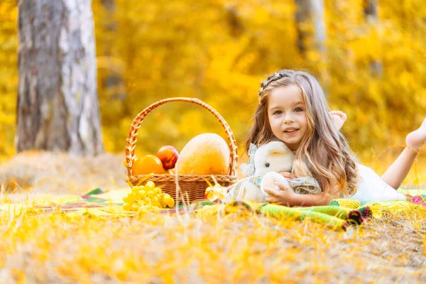Σαββατοκύριακο στο πικνίκ. Υπέροχο καυκάσιος κορίτσι στο λιβάδι γρασίδι με καλάθι γεμάτο φρούτα. Θηλυκό παιδί στη φύση κάθεται πάνω σε λευκή κουβέρτα διασκεδάζοντας. Ηλιόλουστη καλοκαιρινή μέρα. — Φωτογραφία Αρχείου