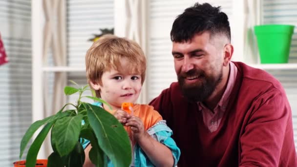 Far och son vattnar växter. Blond liten pojke och plantera frön. — Stockvideo