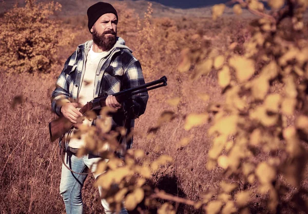 Saison de chasse d'automne. Chasseur avec fusil de chasse en chasse. Homme chasseur avec fusil de chasse. Un homme armé. Le tireur est à la chasse. Chasseur avec fusil de chasse sur chasse. — Photo