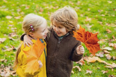 Sonbahar günü dışarıda sevimli mutlu çocuklar, küçük bir çocuk bir kızı öpüyor. Komik küçük çift..