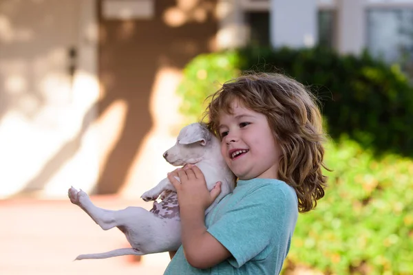 Funny photo of happy kid hugging beautiful puppy dog. — Stock Photo, Image