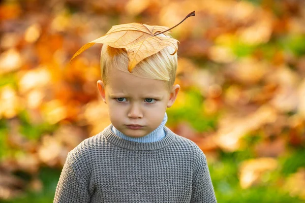 Trauriger Junge mit Herbstblättern, herbstliche Stimmung. — Stockfoto