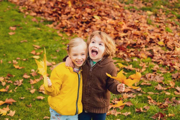 Glückliche Geschwister lächeln und umarmen sich im herbstlichen Park. Umarmende Kinder auf buntem Laub, Ahornblättern. — Stockfoto