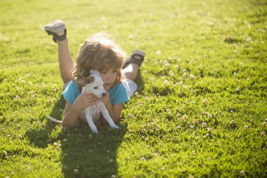 Yeni arkadaşlara sarıl. Çocuk köpek yavrusunu barınaktan aldı. Evlatlık hayvan. Küçük sevimli evcil hayvan evini bulur. Minnettar bir şekilde bir oğlanın yüzünü yalıyor. Mutlu çocuk duyguları konsepti.