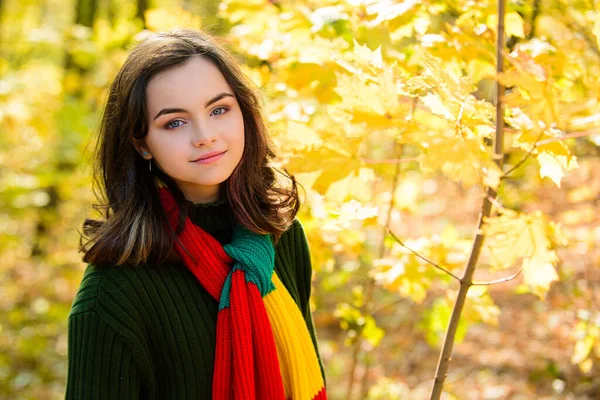 Autunno adolescente ragazza. Teen in autunno fogliame, ritratto di bellezza. Godetevi il bel tempo autunnale nella natura. — Foto Stock