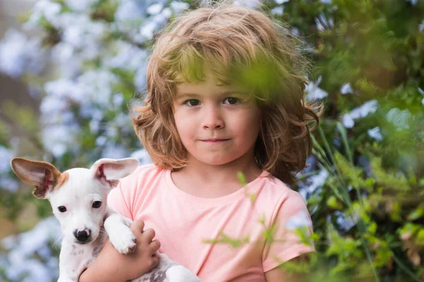 Retrato de uma criança bonita brincando com seu cachorro no parque. — Fotografia de Stock