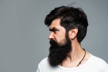 Ciddi bir adamın yarım yamalak portresi sakalı ve bıyığı var, ciddi ve gri üzerinde izole görünüyor. Hippi sakallı adam, yüz ifadesi. Yakışıklı erkek model..