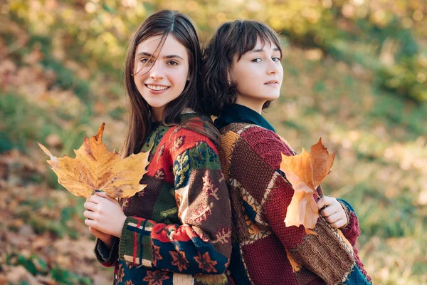 As meninas alegremente passam o tempo no parque de outono. Duas meninas com buquês de folhas de outono. Duas raparigas a brincar com folhas amarelas. Duas mulheres bonitas no parque de outono. — Fotografia de Stock