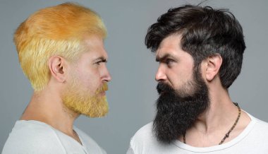 Erkekler portre yapar. Ciddi bir adamın profili yakın plan sakallı ve bıyıklı, ciddi ve izole görünüyor. Hippi seksi adam, erkek ifadesi. Renkli saç. Erkek sakalı ve bıyığı. Esmer sarışına karşı..