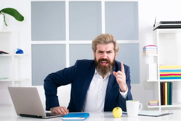 Un hombre de negocios seguro. Un exitoso hombre de negocios sentado en la oficina con un portátil. Retrato del jefe serio mirando la cámara. — Foto de Stock