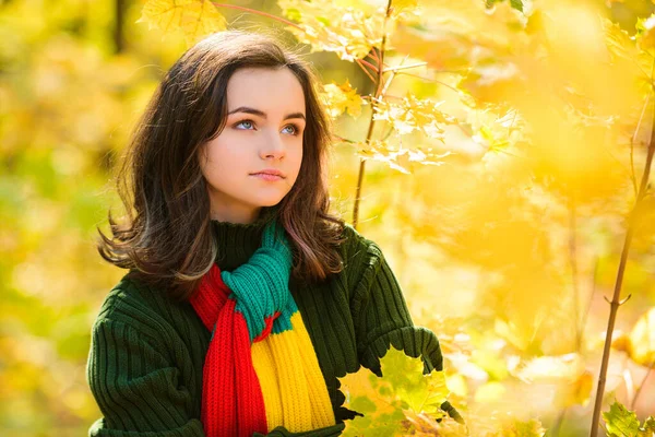 Jesienny nastolatek. Portret młodej nastolatki z jesiennymi liśćmi przed liśćmi. — Zdjęcie stockowe