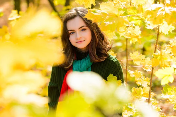 Tiener meisje omgeven herfst bladeren in de herfst park. — Stockfoto