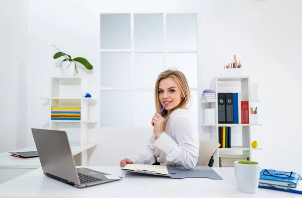 Pensieve zakenvrouw noteren idee voor het opstarten, manager het maken van rekeningen van inkomsten met behulp van app op netbook in kantoor interieur. Schoonheid zakenvrouw. — Stockfoto