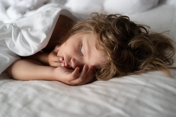 Bedårande små barn vila sova njuta av god hälsosam lugn sömn eller tupplur. Sex år gammal Kid sover i sängen. — Stockfoto