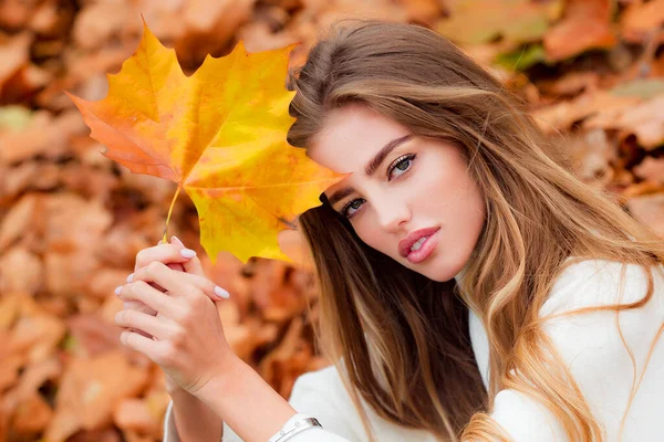 Autumn Fashion concept. Stylish girl in autumnal style posing on red maple leaf background outdoors. — Stock Photo, Image