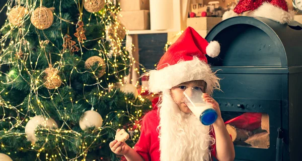 Mikołaj trzyma ciasteczko i szklankę mleka na tle choinki. Wesołych Świąt. Szczęśliwy Święty Mikołaj je ciasteczka i pije szklankę mleka w domu. — Zdjęcie stockowe