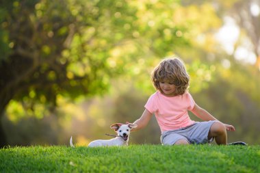 Yavru köpekli çocuk. Evcil hayvanlı çocuk portresi.