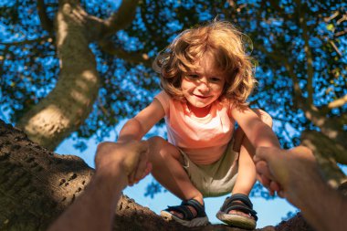 Mutlu genç çocuk ağaçta oturuyor. Ebeveyn bir çocuğun elini tutar. Baba oğluna öğretiyor..