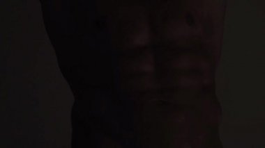 Karın kasları, karın kasları, karın kasları. Çıplak vücutlu seksi bir adam..