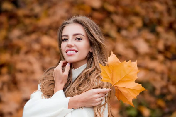 Feliz outono mulher se divertindo com folhas ao ar livre no parque. — Fotografia de Stock