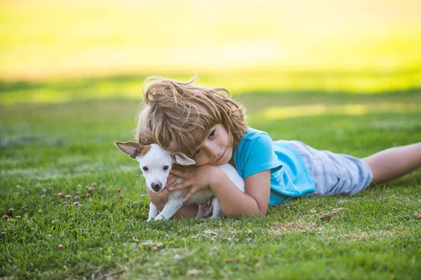 Abraza a los amigos perros. Niño con cachorros perrito besos y abrazos. — Foto de Stock