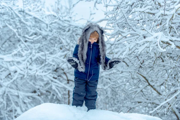 Netter kleiner Junge, der im Winterpark im Schnee draußen spielt. Kinder in Winterkleidung. Kindheitserinnerungen - schöner, verschneiter Winter über der Wiese. — Stockfoto