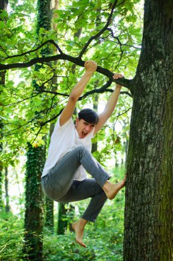 Genç adam ağaca tırmanmaya çalışıyor. Büyük bir daldaki ağaçtaki adam.