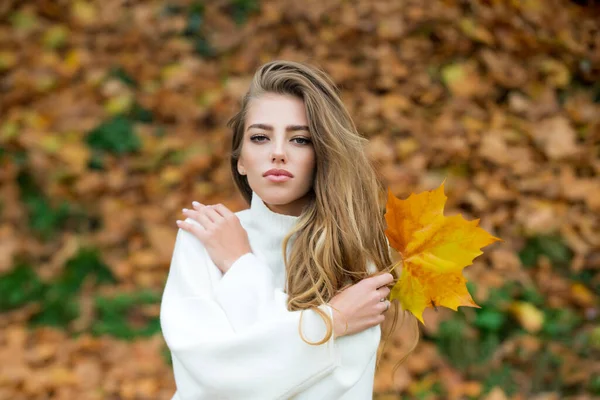 Menina de moda bonita com cabelo loiro longo, vestindo vestido elegante posando no parque de outono. Retrato ao ar livre. Feminino outono conceito de moda. — Fotografia de Stock